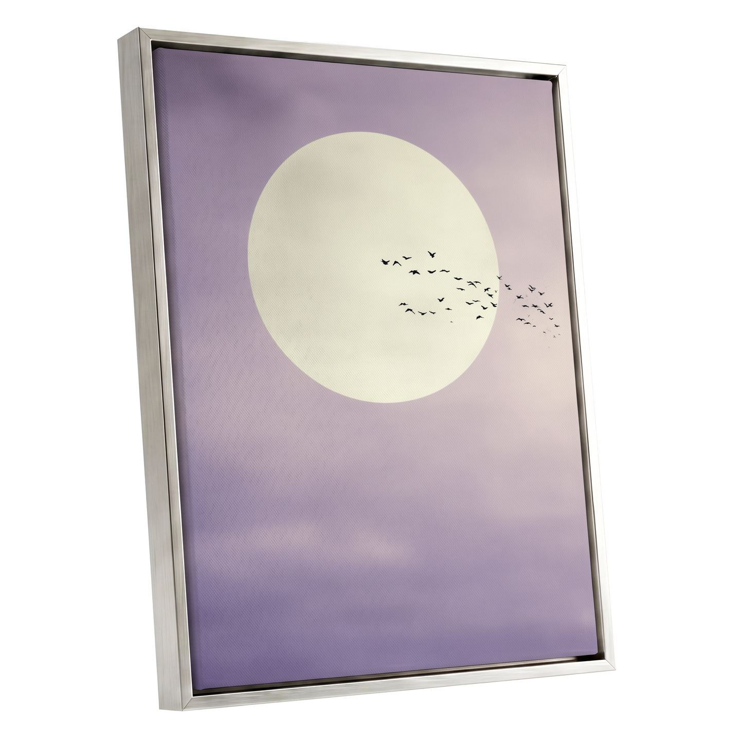Framed wall art featuring a large cream moon over a soft lavender-purple sky with a flock of small birds, shown in a silver frame against a white background.
