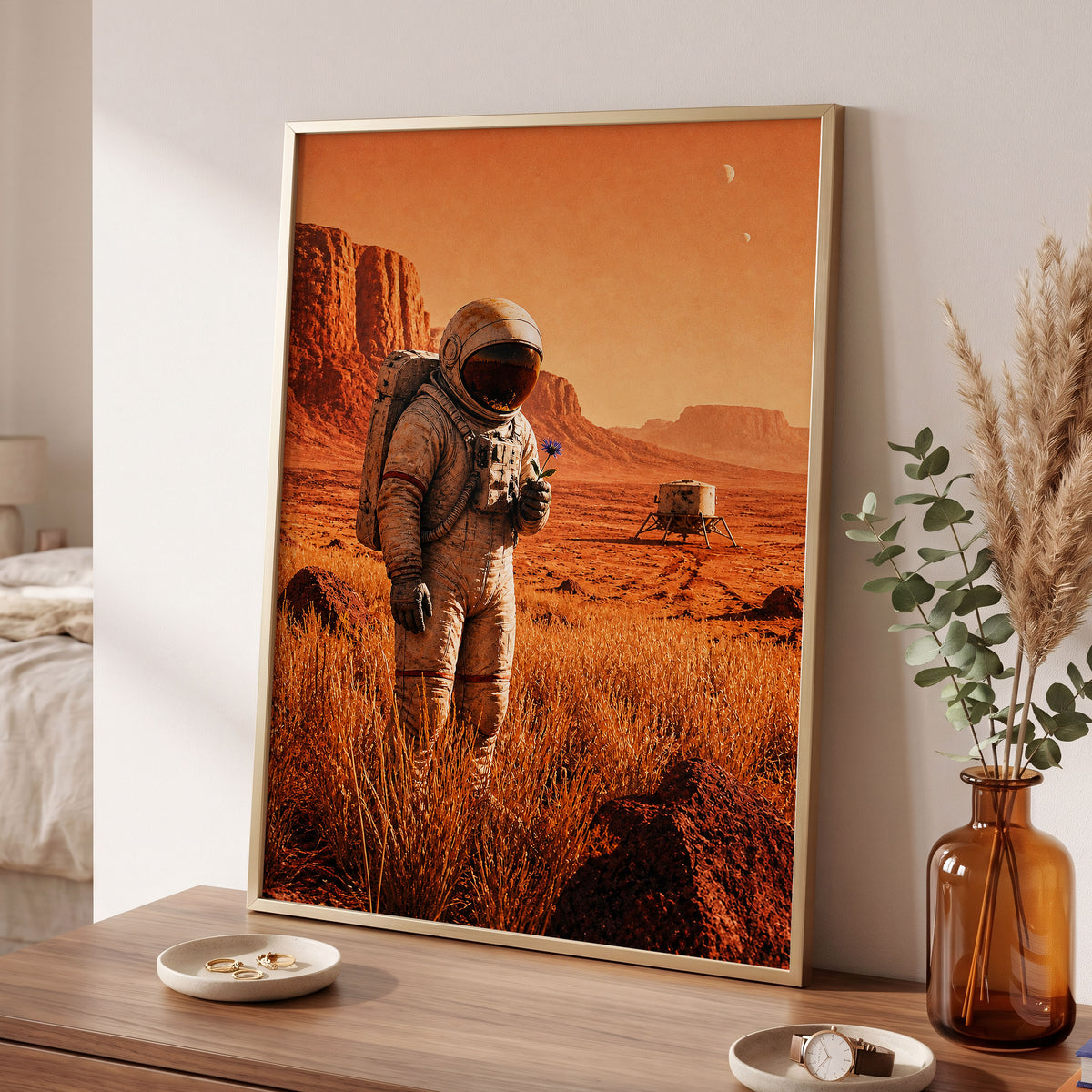 A Bloom Beyond Earth, orange, brown, beige abstract wall art displayed in a styled interior, gallery view 9