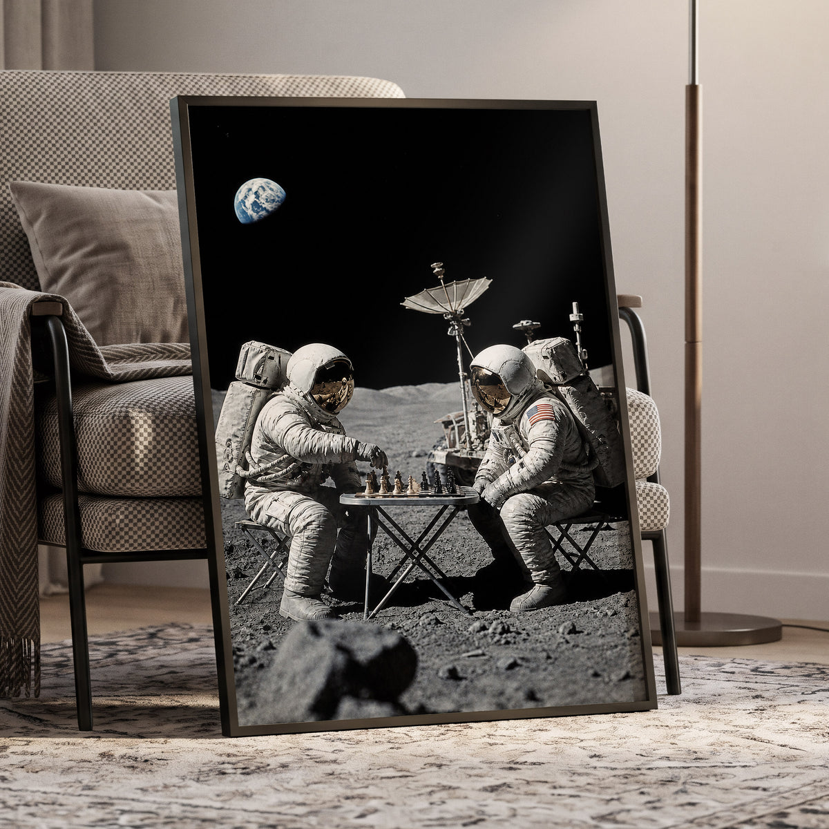 A Game Above Earth, black, gray, white minimalist wall art displayed in a styled interior, gallery view 9