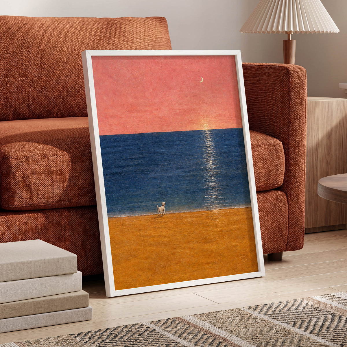 A Little Moonlit Wanderer, pink, blue, orange nature wall art displayed in a styled interior, gallery view 9