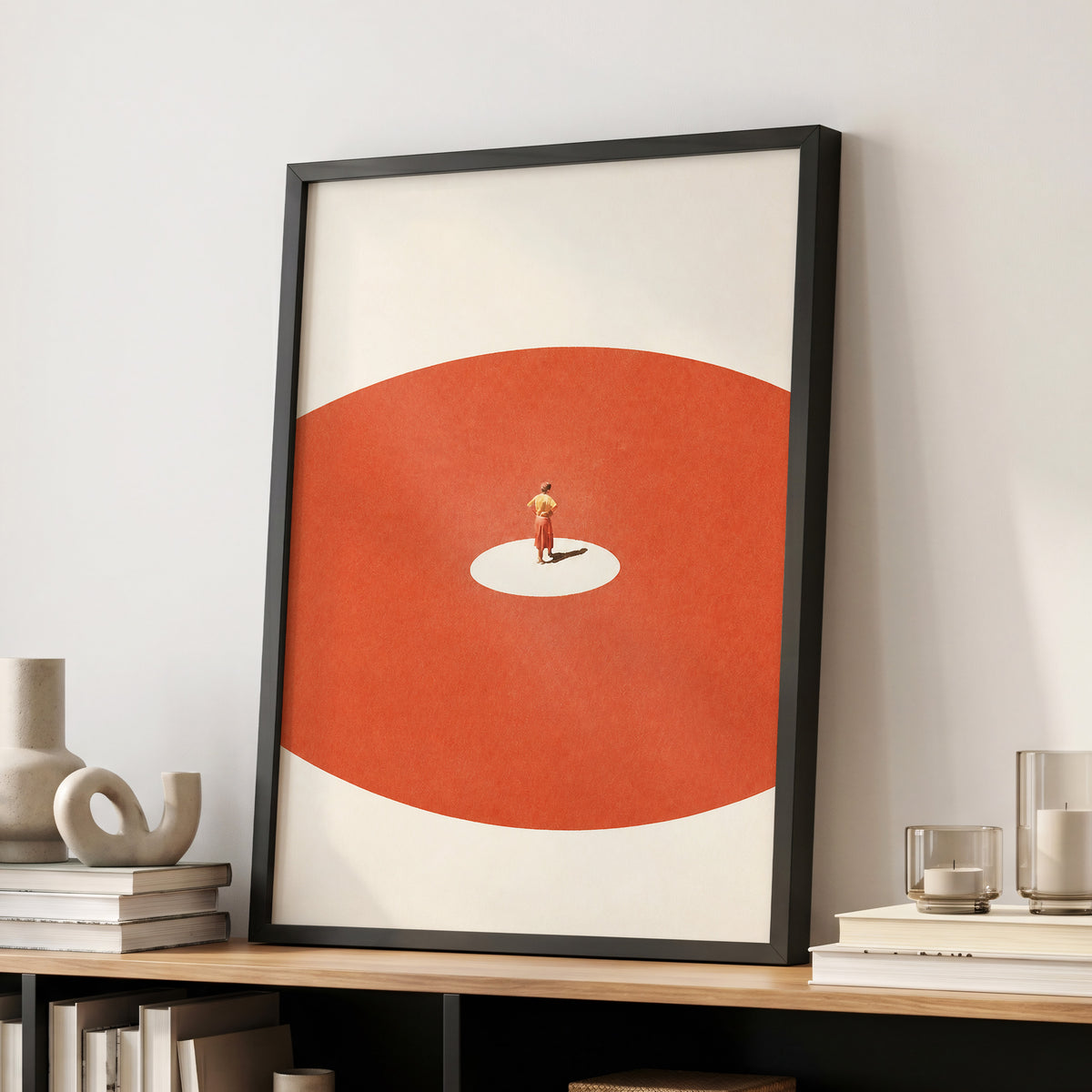 A Quiet Centre, orange, beige, red minimalist wall art displayed in a styled interior, gallery view 9