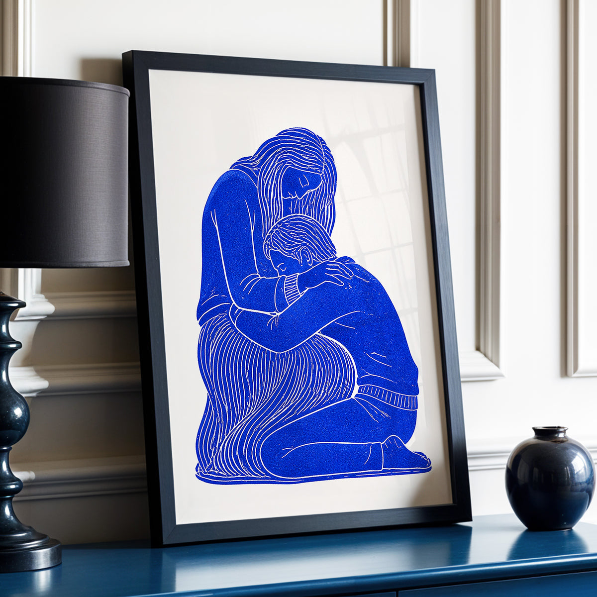 A Quiet Embrace, blue, beige, white minimalist wall art displayed in a styled interior, gallery view 9