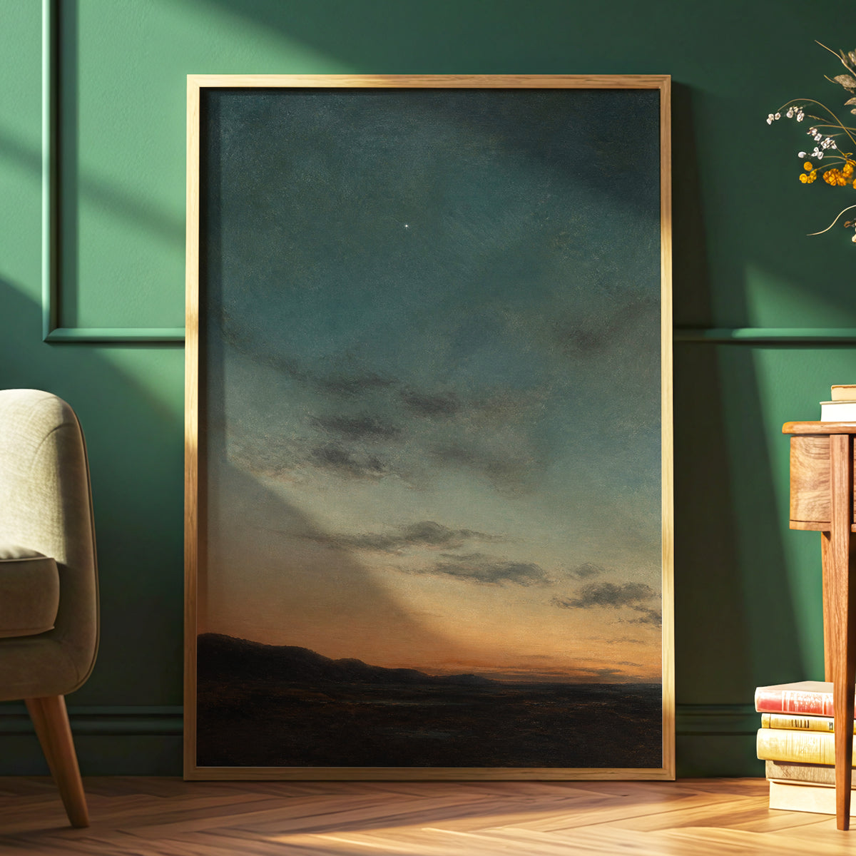 A Star Above the Quiet, blue, green, orange nature wall art displayed in a styled interior, gallery view 9