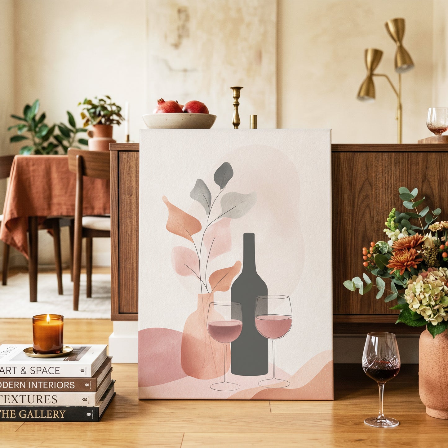 A Toast in Terracotta, beige, black, pink minimalist wall art on canvas displayed in a styled interior, gallery view 2