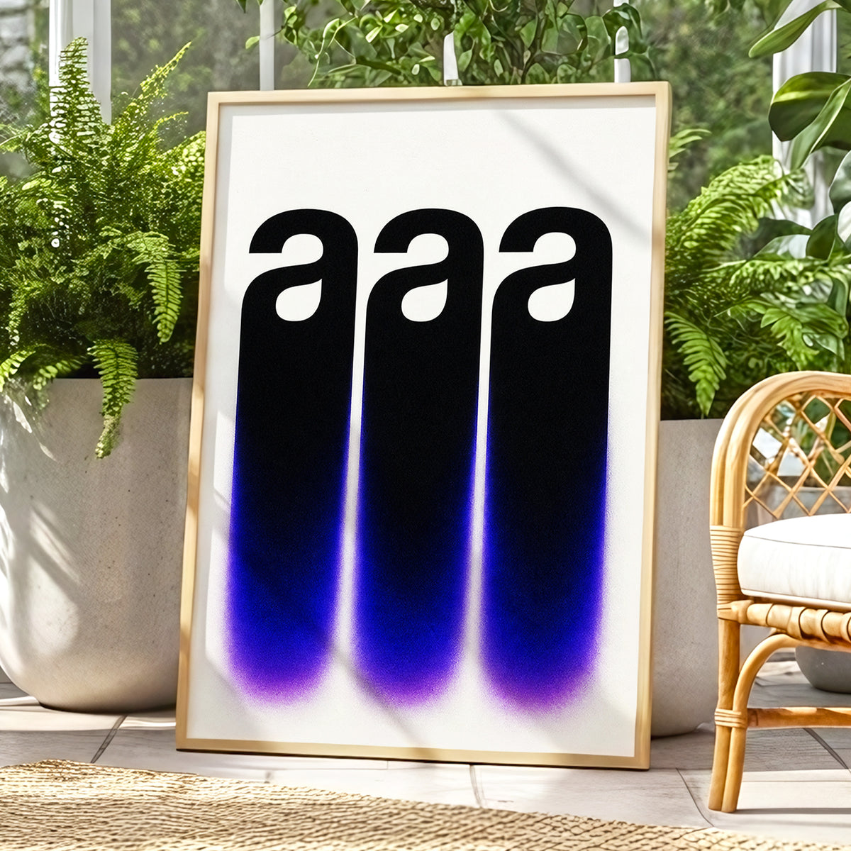 Alphabet Afterglow, black, beige, blue minimalist wall art displayed in a styled interior, gallery view 9
