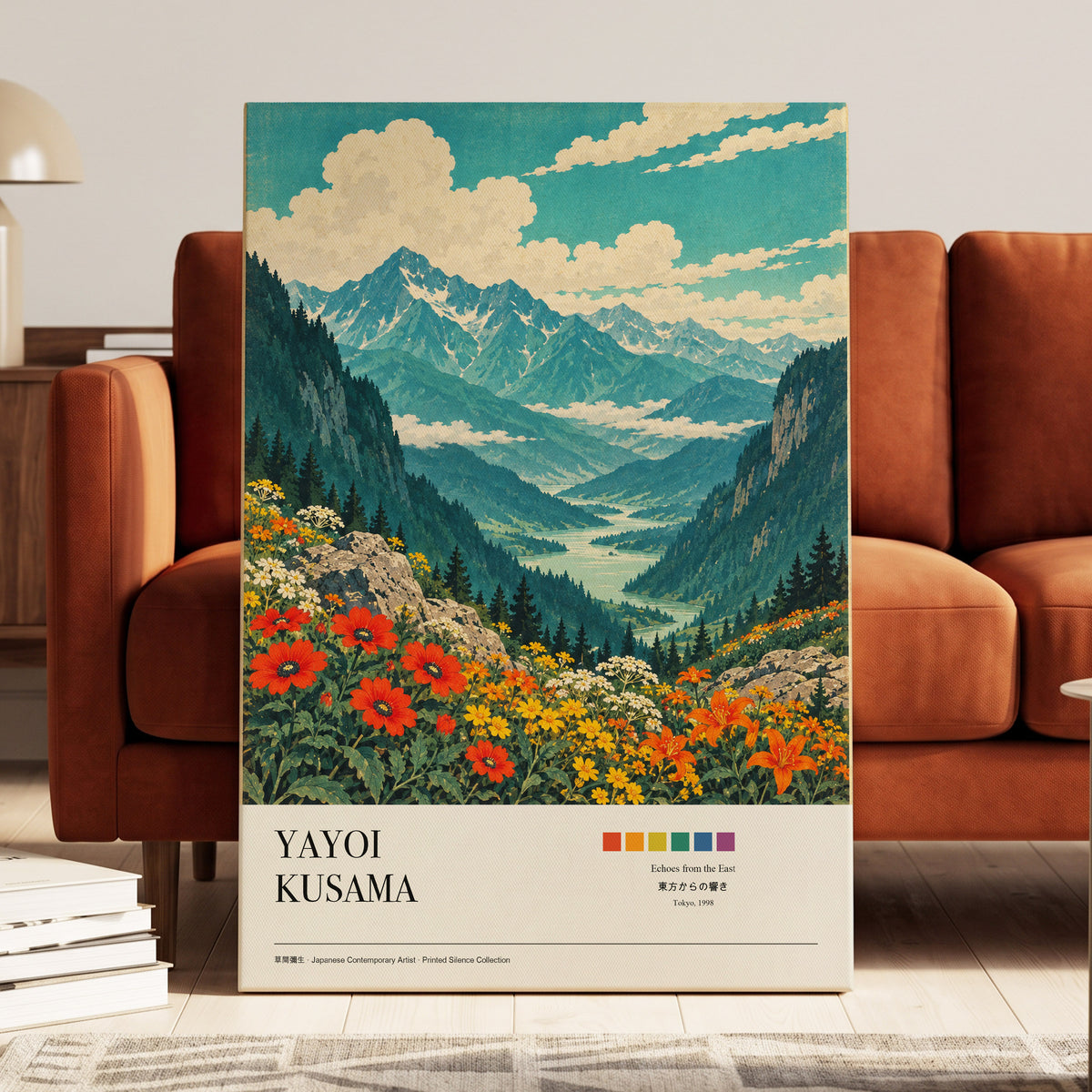 Alpine Bloom Vista, green, blue, beige nature wall art on canvas displayed in a styled interior, gallery view 2
