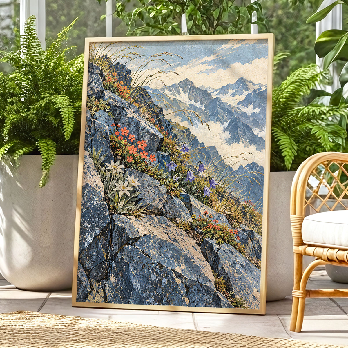 Alpine Bloomscape, blue, gray, beige nature wall art displayed in a styled interior, gallery view 9