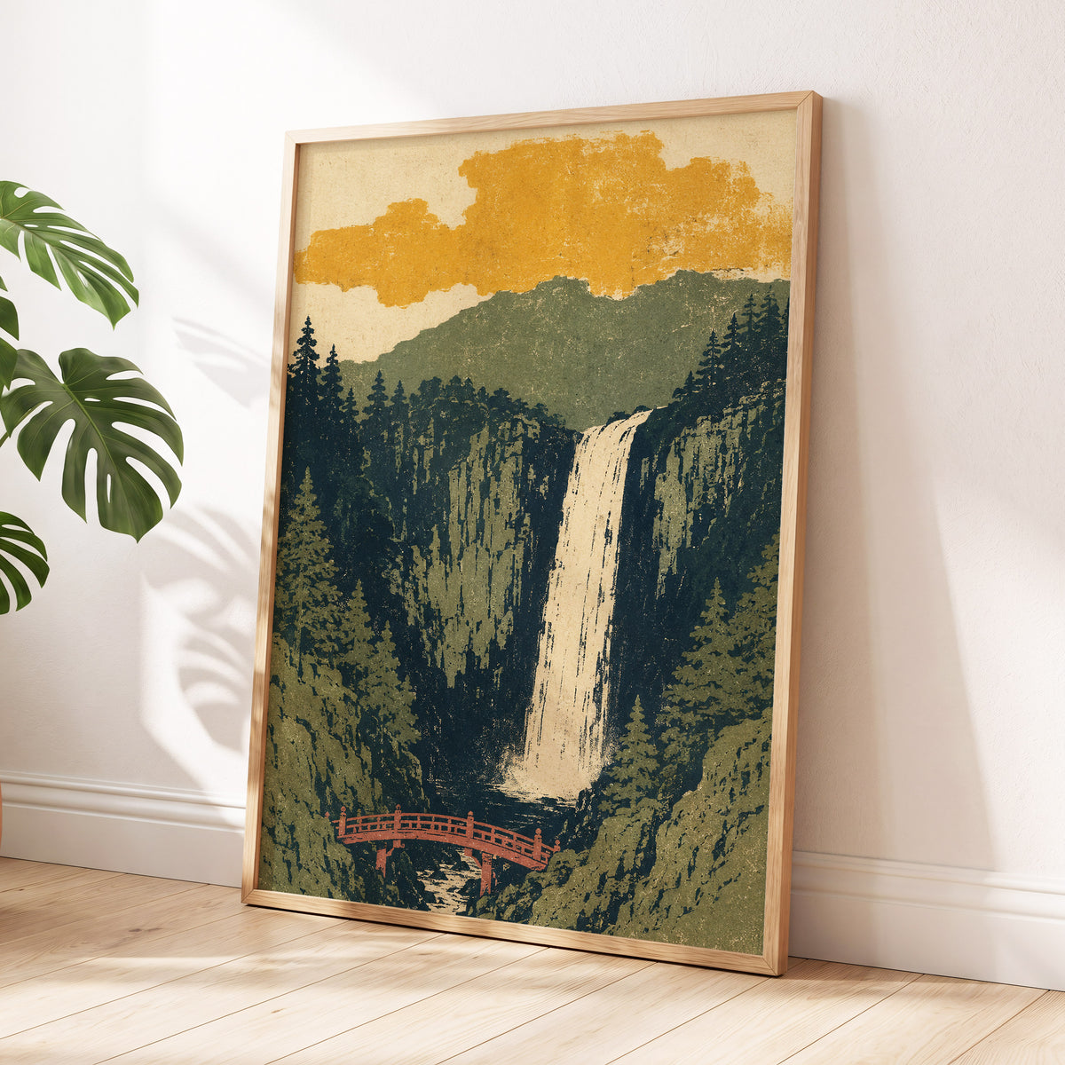 Amber Falls, green, beige, black nature wall art displayed in a styled interior, gallery view 9