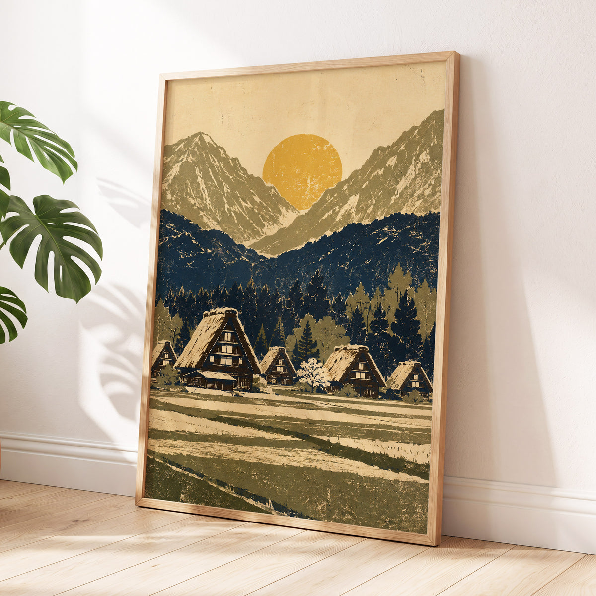 Amber Mountain Village, beige, blue, green nature wall art displayed in a styled interior, gallery view 9