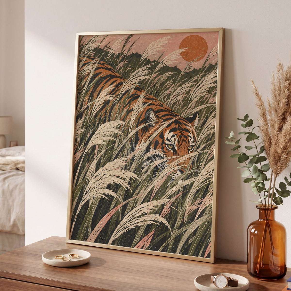 Amber Prowl, orange, black, green nature wall art displayed in a styled interior, gallery view 9