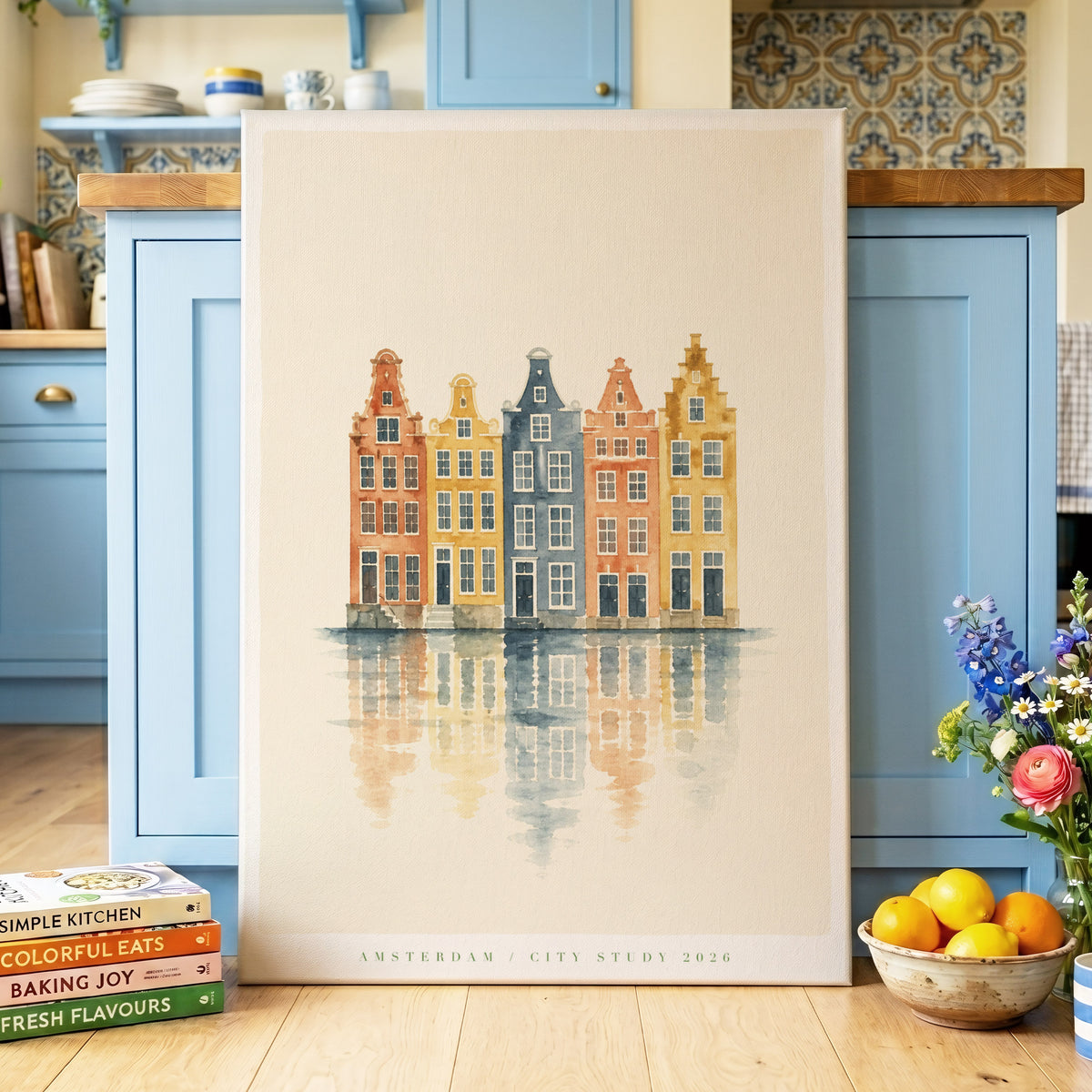 Amsterdam Reflections, beige, blue, orange minimalist wall art on canvas displayed in a styled interior, gallery view 2