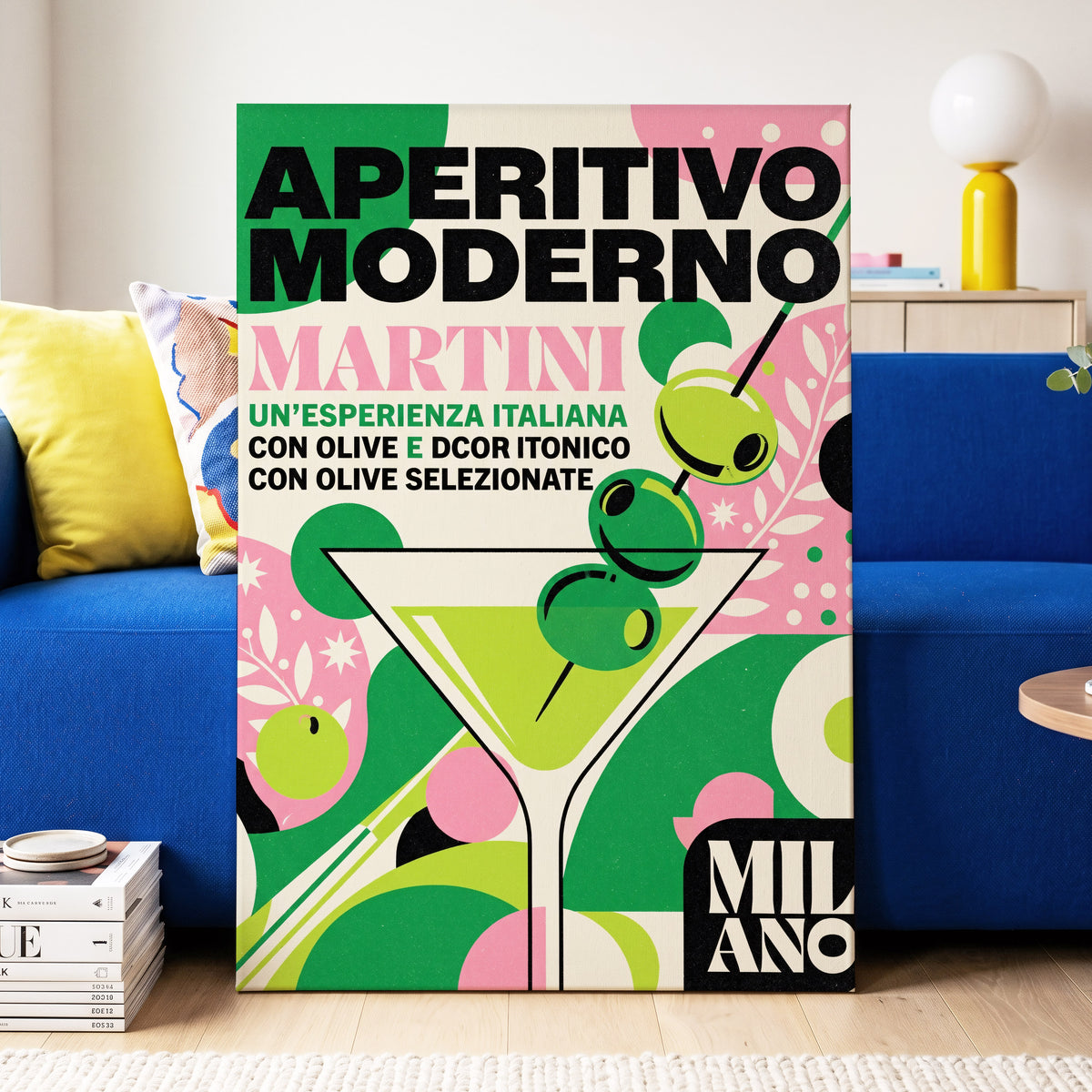 Aperitivo Moderno, green, pink, beige minimalist wall art on canvas displayed in a styled interior, gallery view 2