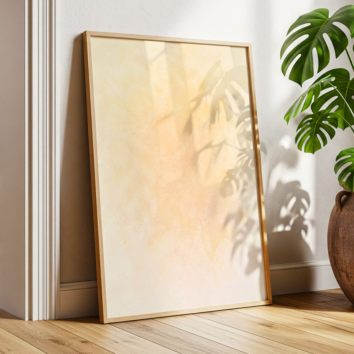 Apricot Hush, orange, pink, beige abstract wall art displayed in a styled interior, gallery view 9