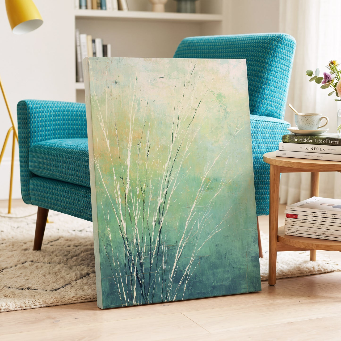 Aqua Meadow Lines – canvas wall art in a styled interior, gallery view 2