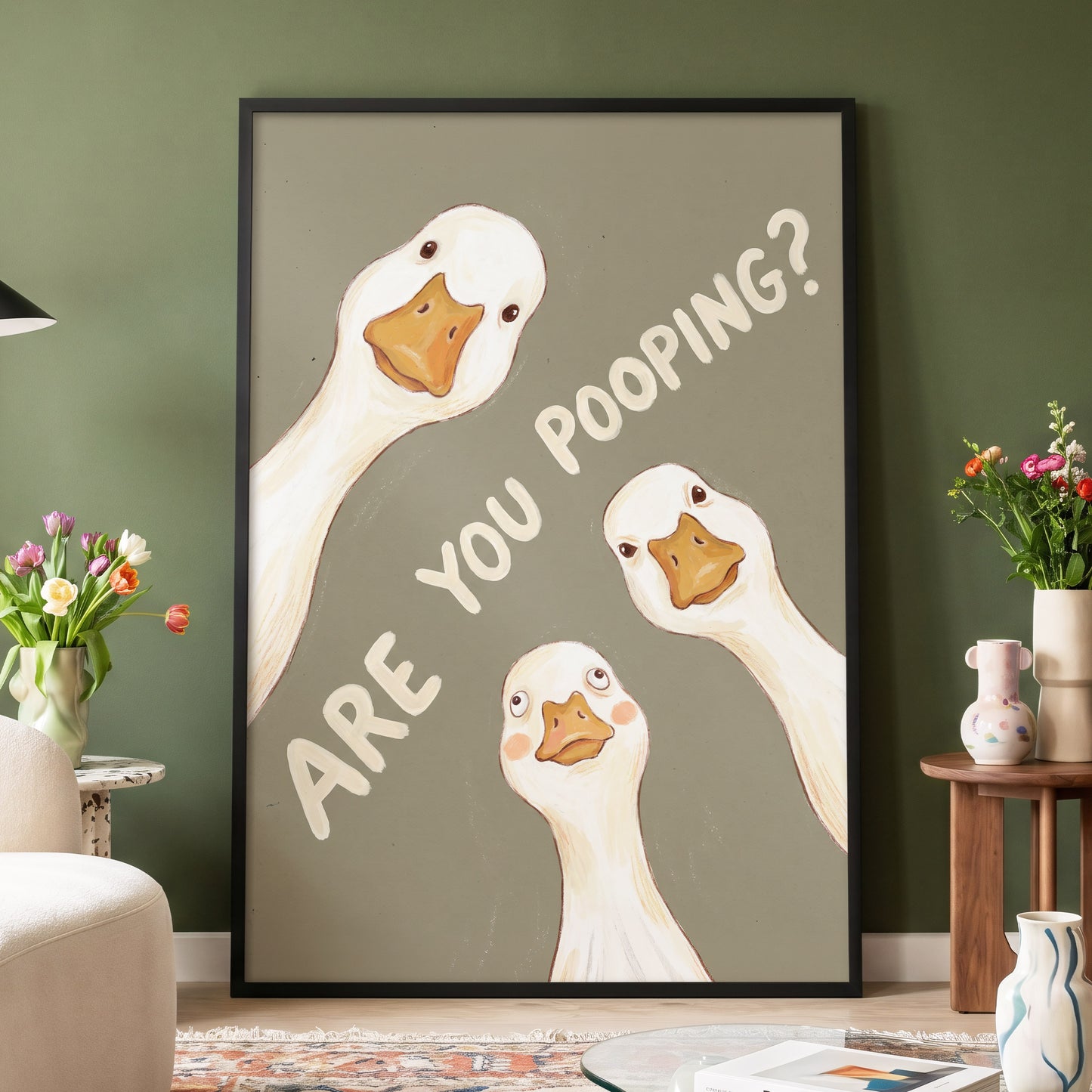 Are You Pooping?, gray, white, beige nature wall art displayed in a styled interior, gallery view 9