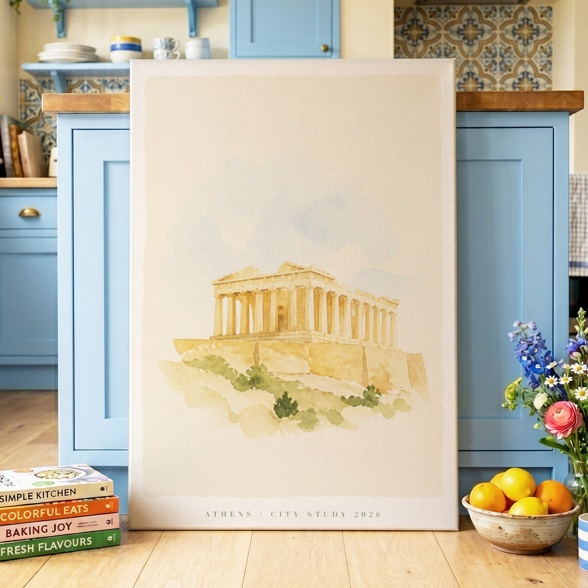 Athens in Quiet Light, beige, gold, blue minimalist wall art on canvas displayed in a styled interior, gallery view 2