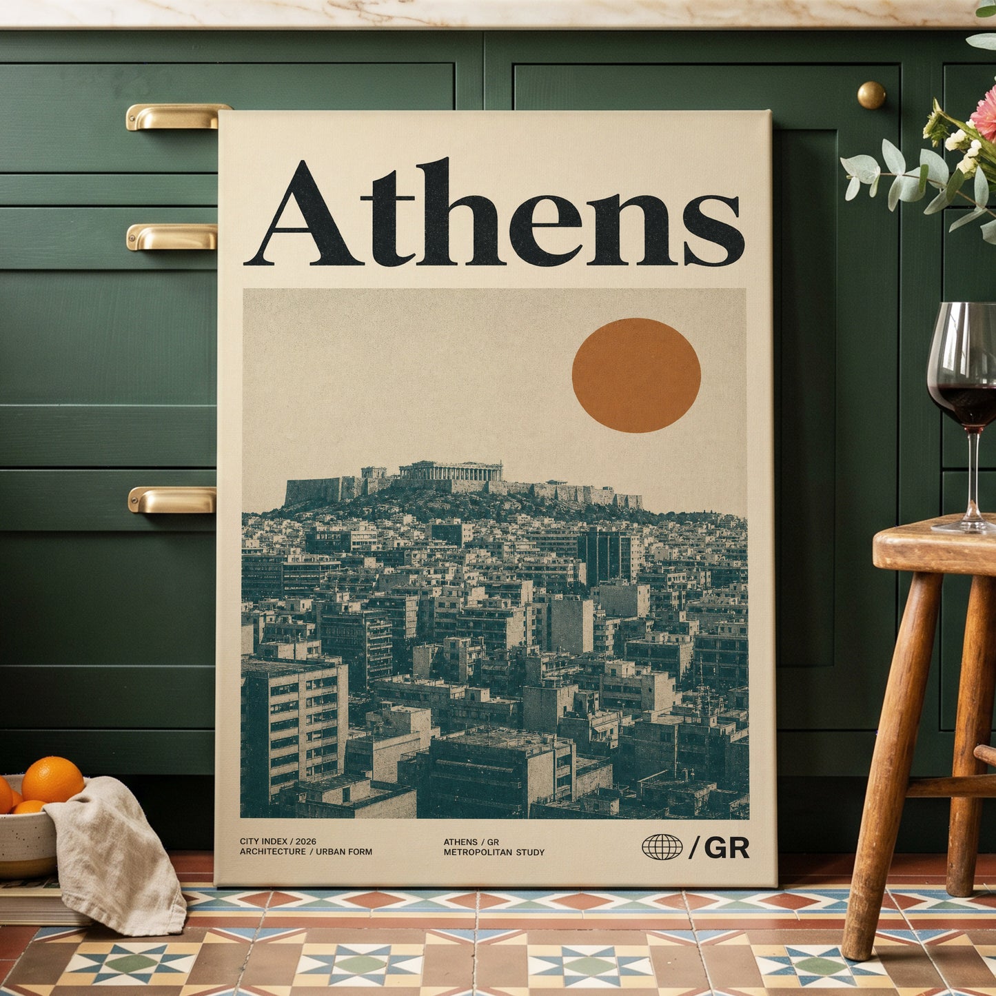 Athens Urban Study, beige, green, orange minimalist wall art on canvas displayed in a styled interior, gallery view 2