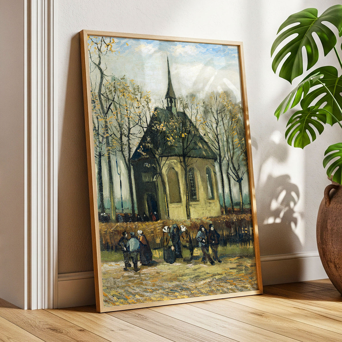 Autumn Chapel Gathering, green, beige, gold abstract wall art displayed in a styled interior, gallery view 9