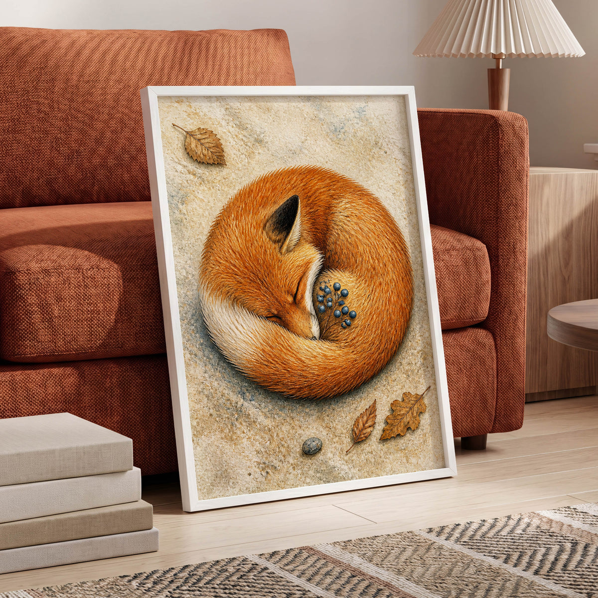 Autumn Fox Slumber, orange, beige, brown nature wall art displayed in a styled interior, gallery view 9