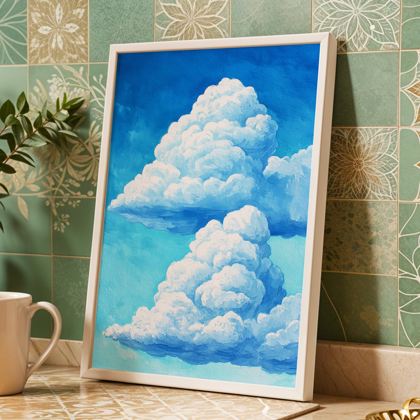 Azure Cloud Towers, blue, white, beige nature wall art displayed in a styled interior, gallery view 9