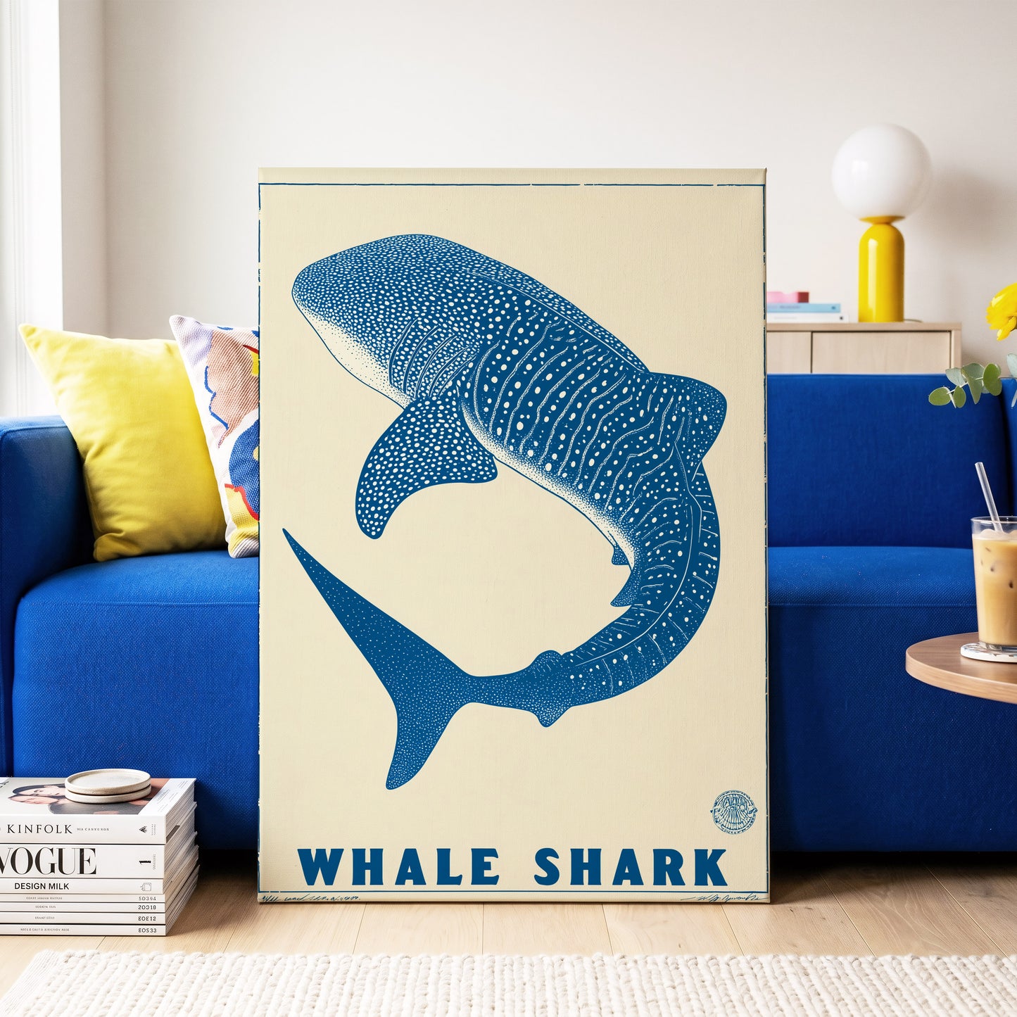 Azure Whale Shark, blue, beige, white nature wall art on canvas displayed in a styled interior, gallery view 2