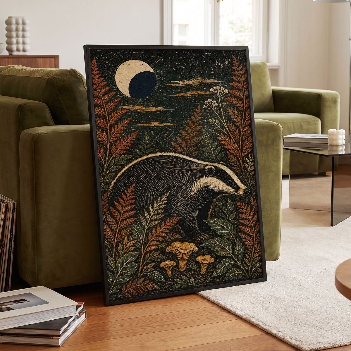 Badger After Dusk, black, beige, orange nature wall art displayed in a styled interior, gallery view 9