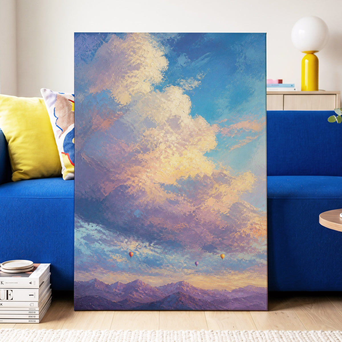 Balloons Above Violet Peaks, blue, purple, gold nature wall art on canvas displayed in a styled interior, gallery view 2