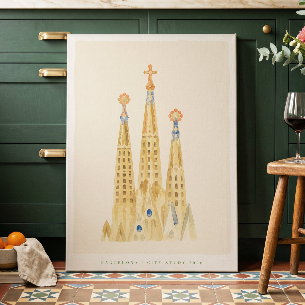 Barcelona Spires, beige, gold, blue minimalist wall art on canvas displayed in a styled interior, gallery view 2