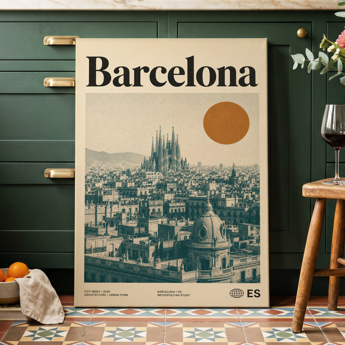 Barcelona Sun Study, beige, green, orange minimalist wall art on canvas displayed in a styled interior, gallery view 2