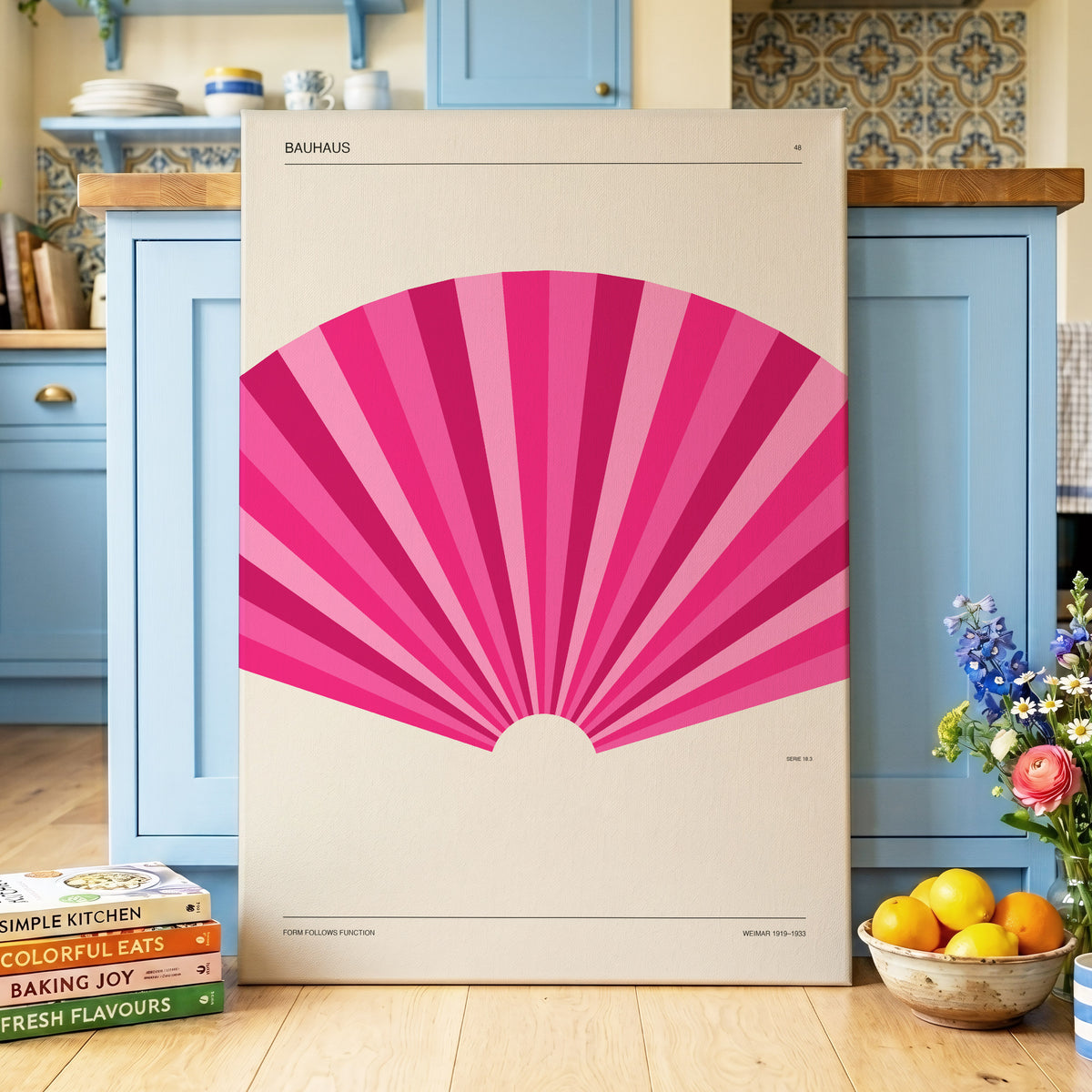 Bauhaus Pink Radiance, pink, beige minimalist wall art on canvas displayed in a styled interior, gallery view 2