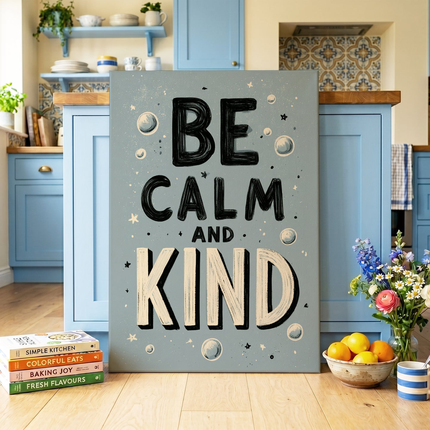 Be Calm and Kind, gray, black, beige minimalist wall art on canvas displayed in a styled interior, gallery view 2