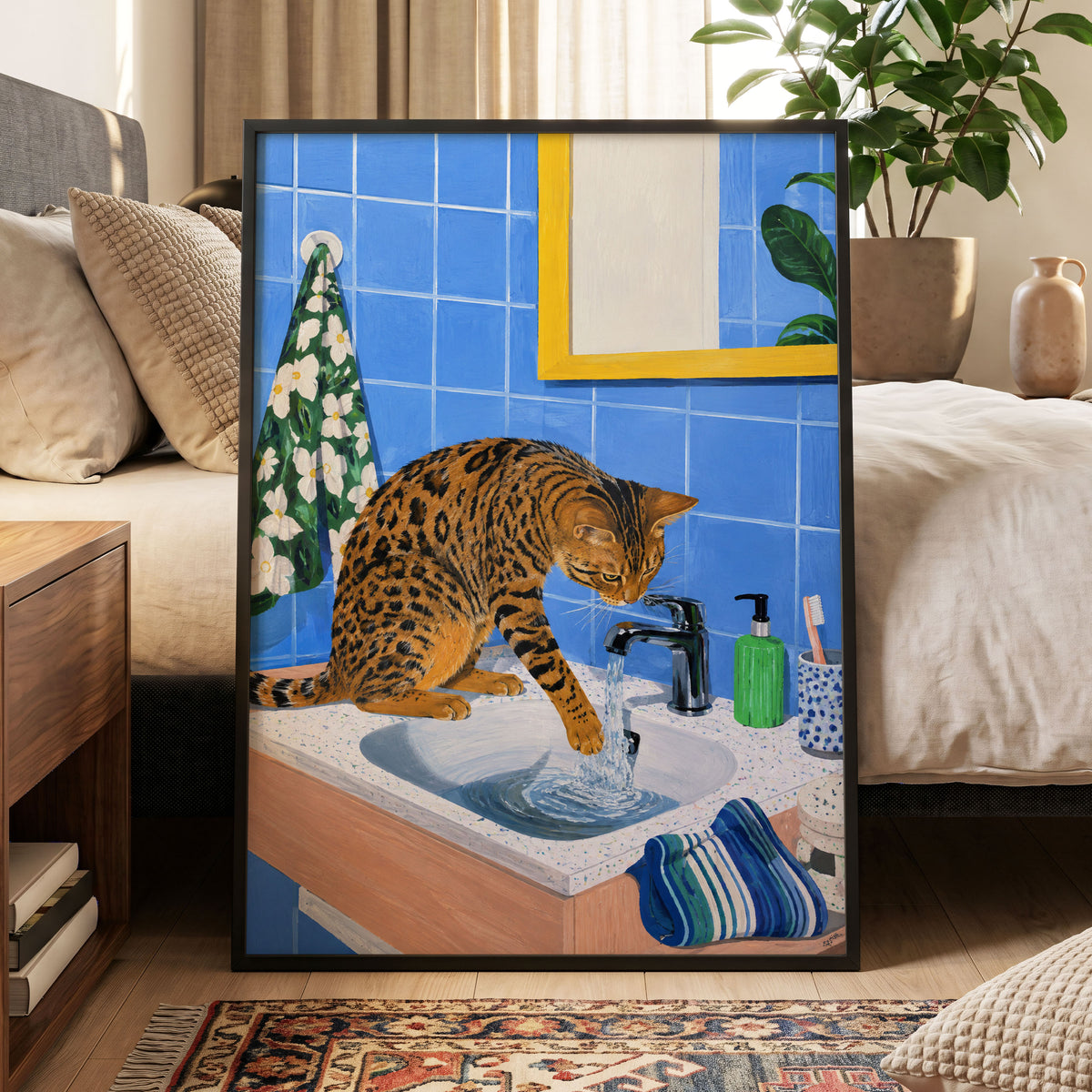 Bengal Basin, blue, brown, black minimalist wall art displayed in a styled interior, gallery view 9