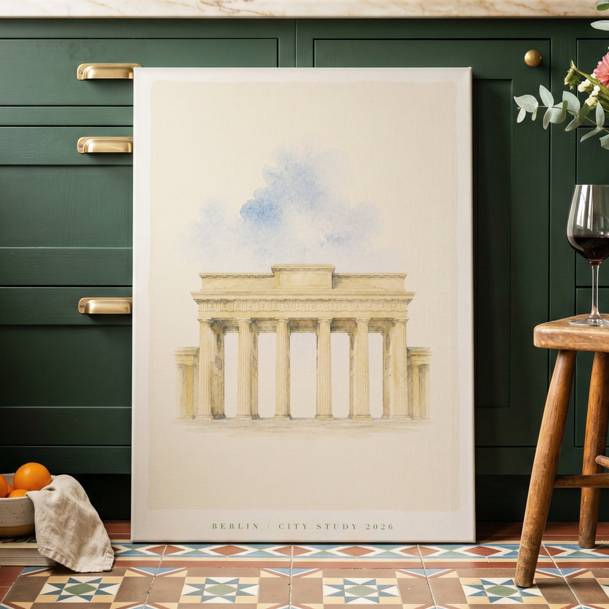 Berlin in Quiet Blue, beige, blue, white minimalist wall art on canvas displayed in a styled interior, gallery view 2