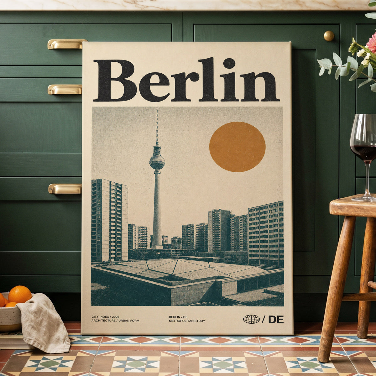 Berlin Modernist Orbit, beige, black, orange minimalist wall art on canvas displayed in a styled interior, gallery view 2
