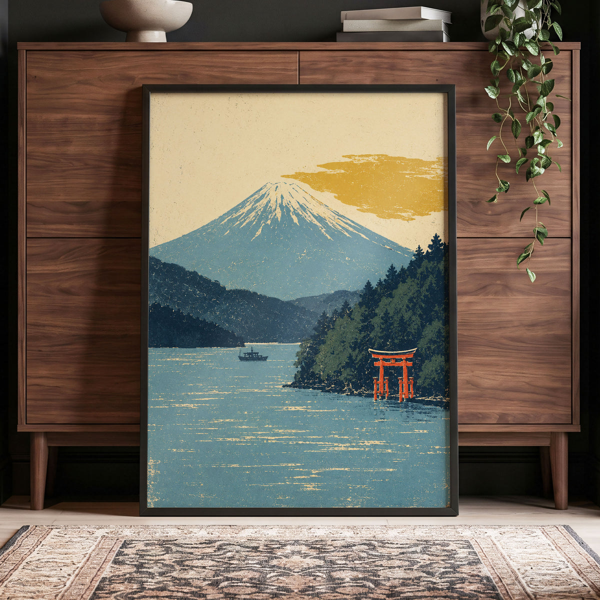 Beyond the Torii, blue, beige, green nature wall art displayed in a styled interior, gallery view 9