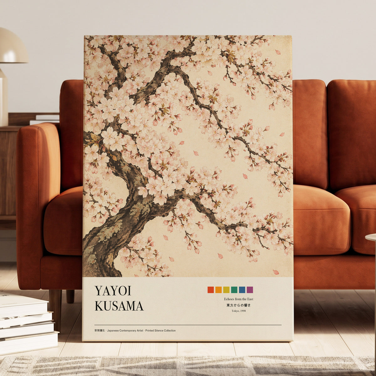 Blossom Reverie, pink, beige, brown floral wall art on canvas displayed in a styled interior, gallery view 2