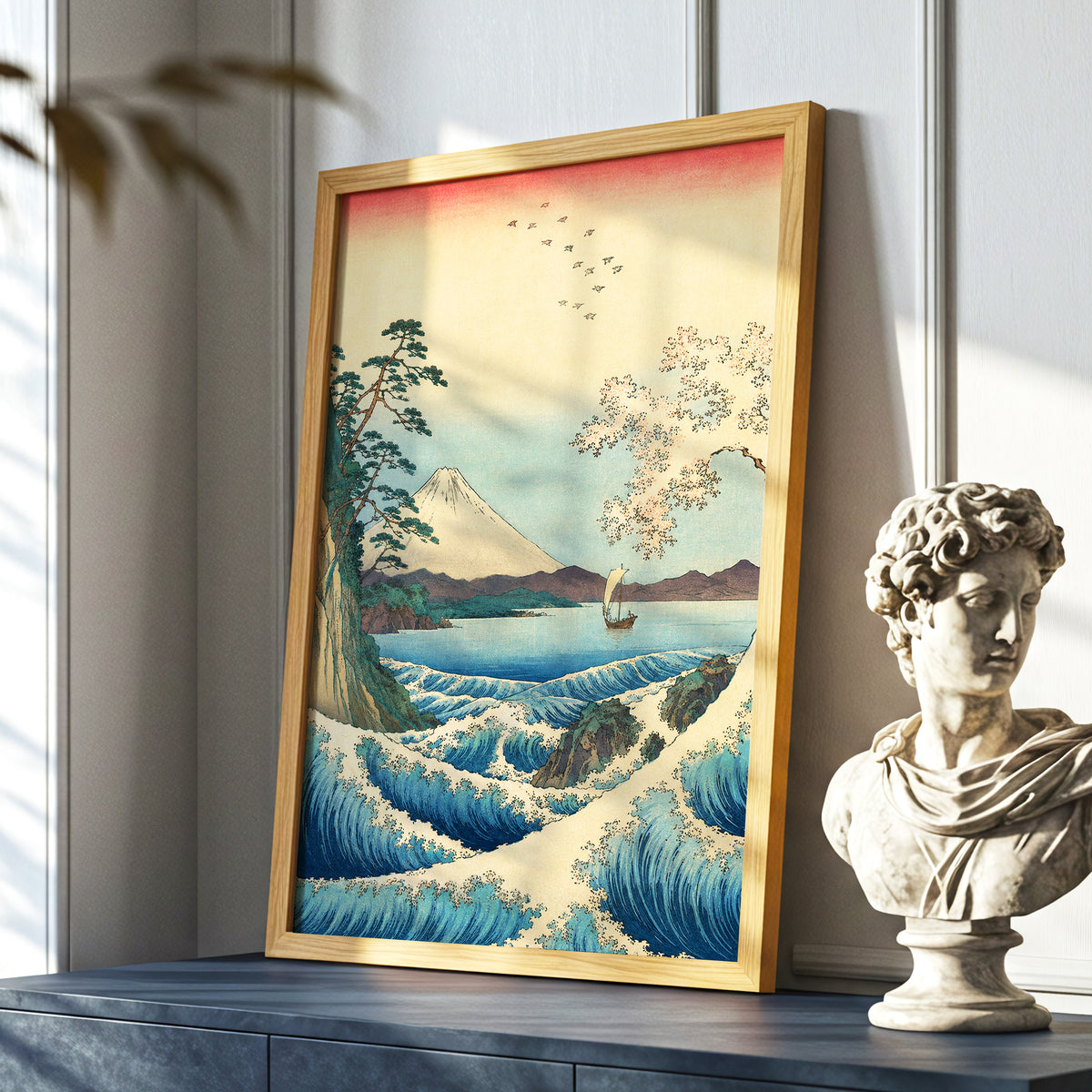 Blossom Tide, blue, beige, green nature wall art displayed in a styled interior, gallery view 9