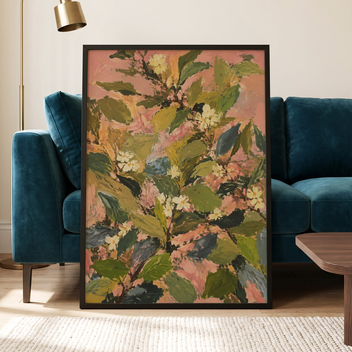 Blossoms in Blush, green, pink, white floral wall art displayed in a styled interior, gallery view 9