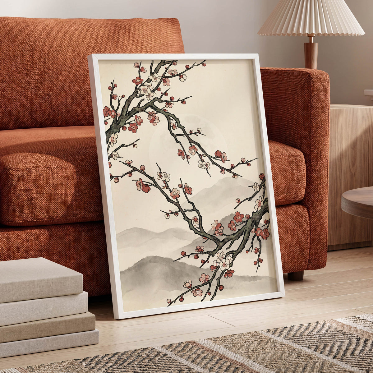 Blossoms in the Mist, beige, black, pink floral wall art displayed in a styled interior, gallery view 9