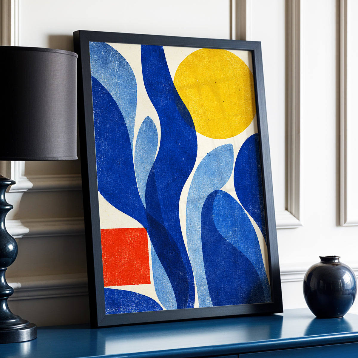 Blue Curves, Golden Circle, blue, beige, yellow abstract wall art displayed in a styled interior, gallery view 9