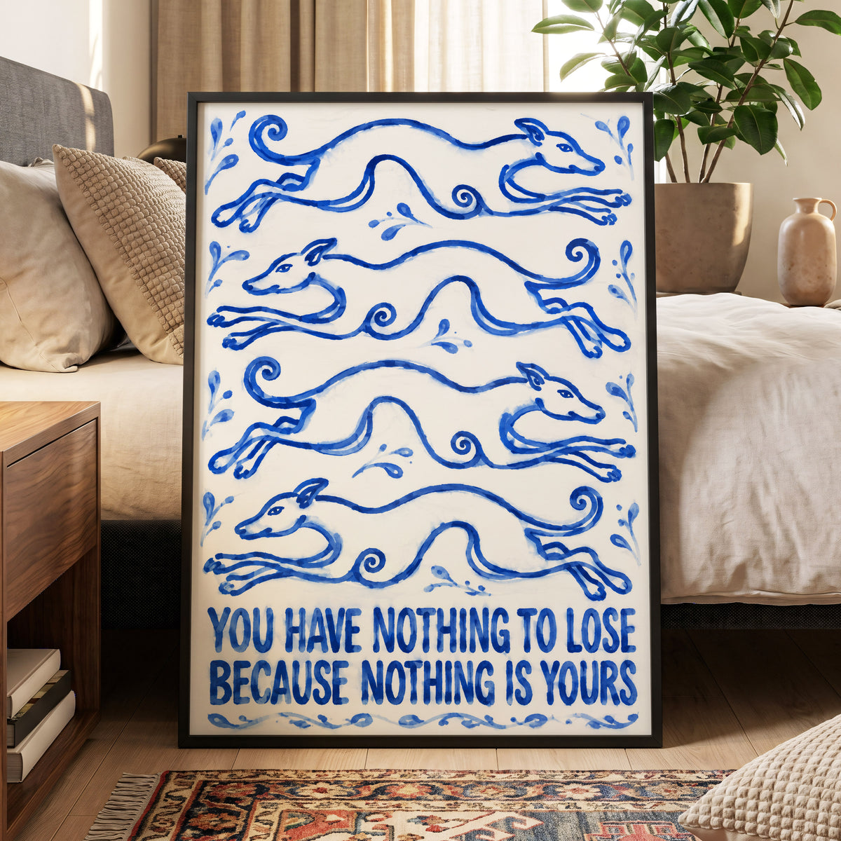Blue Hounds, Bold Words, blue, beige, white nature wall art displayed in a styled interior, gallery view 9