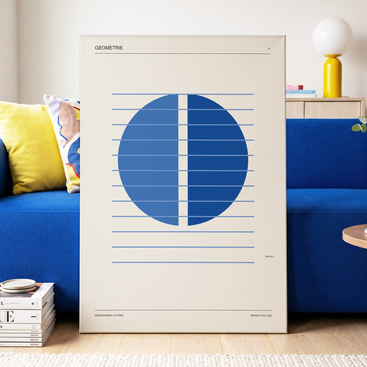 Blue Meridian Study, blue, beige, black minimalist wall art on canvas displayed in a styled interior, gallery view 2