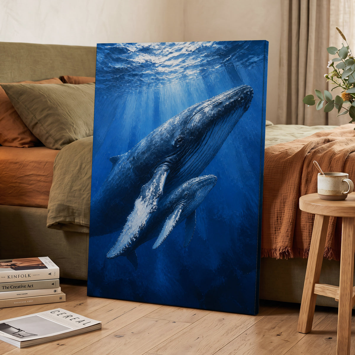 Bluewater Giants, blue, white, gray nature wall art on canvas displayed in a styled interior, gallery view 2