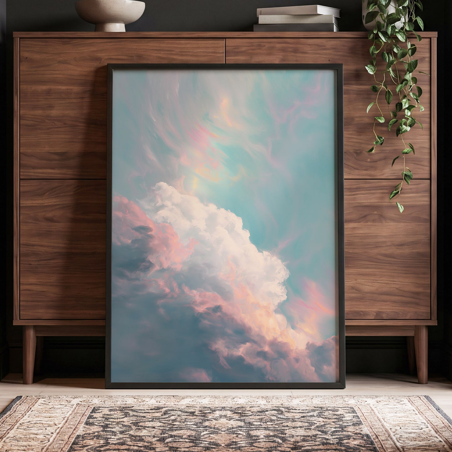 Blush Above the Clouds, blue, pink, white nature wall art displayed in a styled interior, gallery view 9