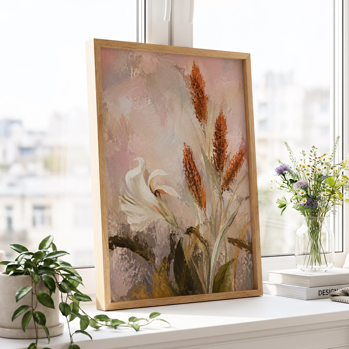 Blush and Russet Lily, pink, beige, white floral wall art displayed in a styled interior, gallery view 9
