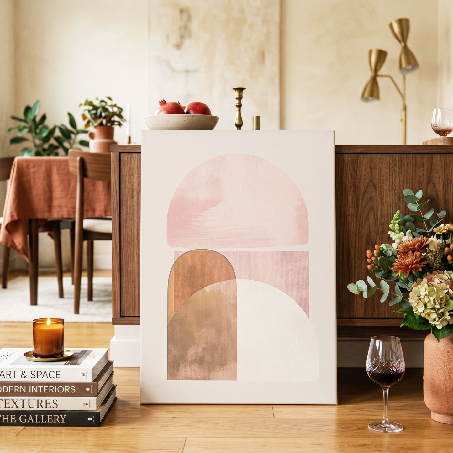 Blush Arc Assembly, pink, brown, beige minimalist wall art on canvas displayed in a styled interior, gallery view 2