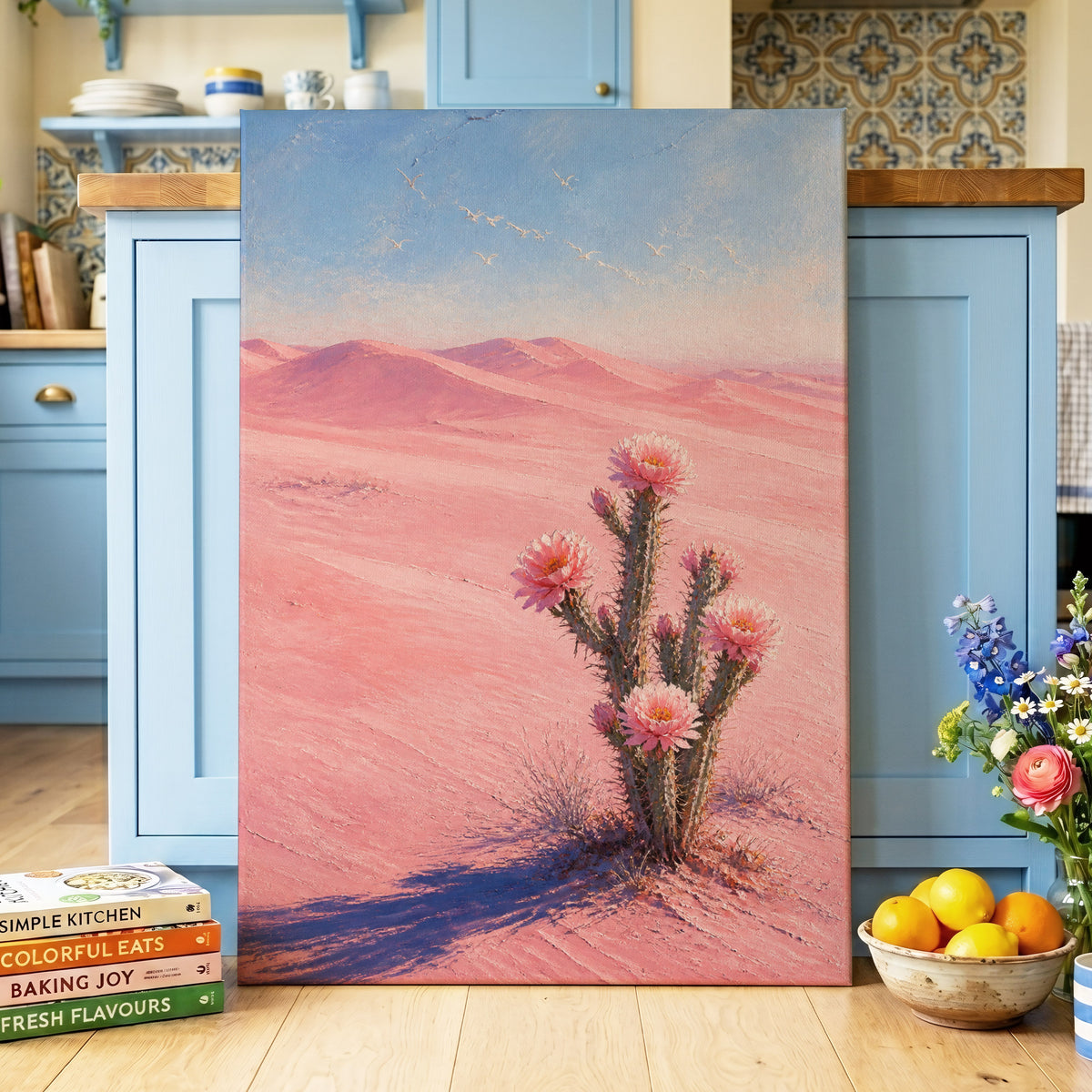 Blush Desert Bloom, pink, blue, brown floral wall art on canvas displayed in a styled interior, gallery view 2
