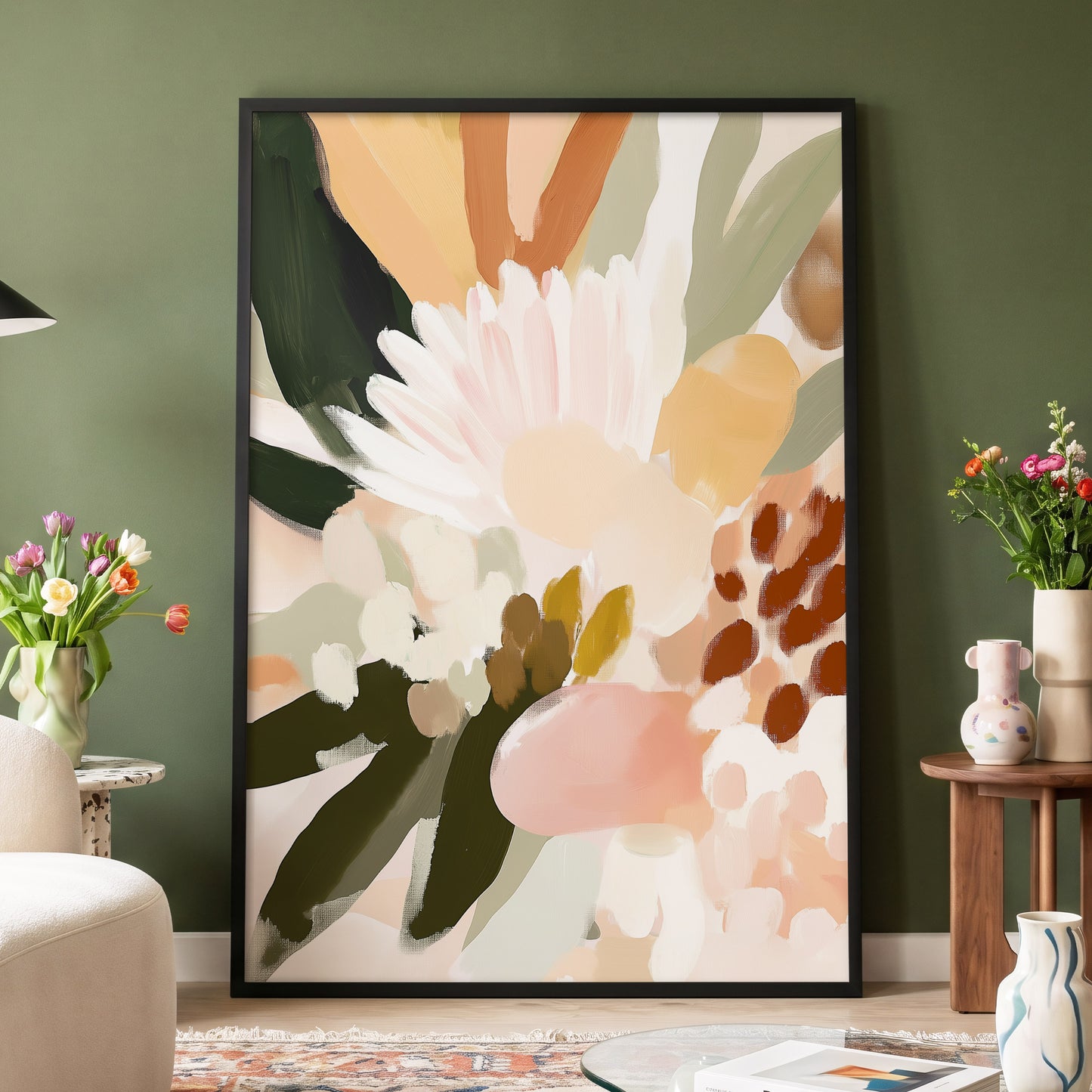 Blush Meadow, green, pink, white floral wall art displayed in a styled interior, gallery view 9
