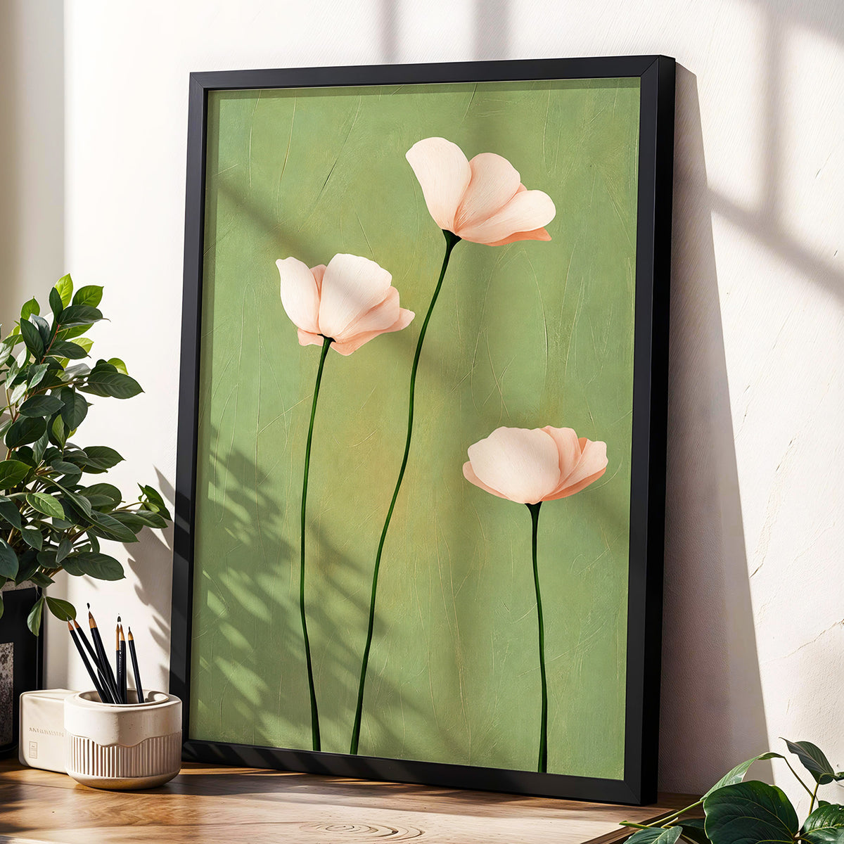 Blush Stem Trio, green, pink, beige floral wall art displayed in a styled interior, gallery view 9