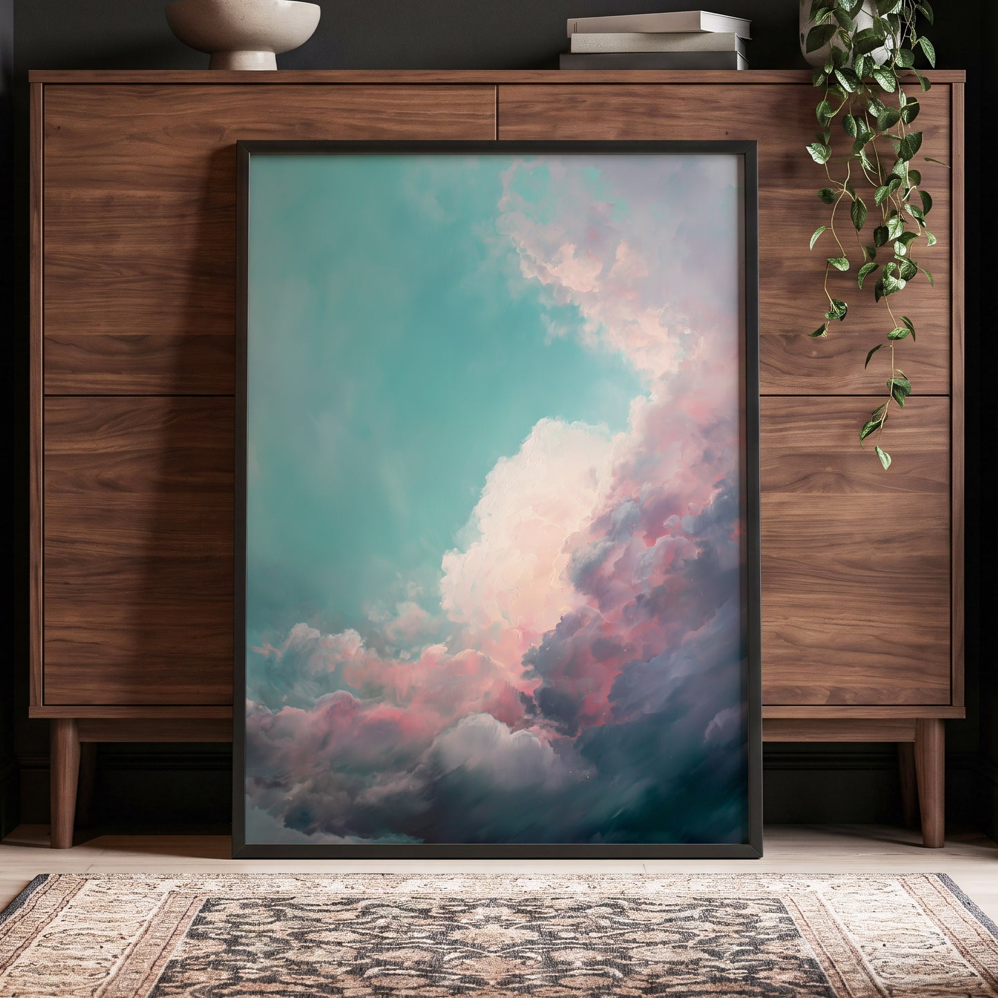 Blush Tempest, blue, green, pink nature wall art displayed in a styled interior, gallery view 9